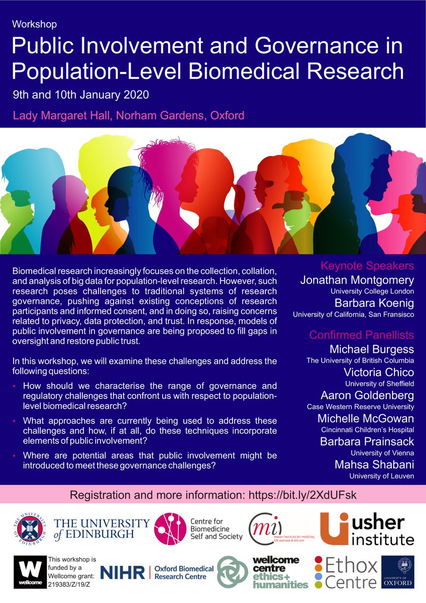 Mark Sheehan (@mark_sheehan_ox) on Twitter photo Workshop: Public Involvement and Governance in Population-Level Biomedical Research, Jan 9-10
Details at: bit.ly/2PlId6e
<a href="/OxfordBRC/">NIHR Oxford Biomedical Research Centre</a> <a href="/Ethox_Centre/">Ethox Centre</a> @WEH_Oxford <a href="/bdi_oxford/">Big Data Institute</a> <a href="/Oxford_NDPH/">Oxford Population Health (OxPop)</a> <a href="/masonInstitute/">The Mason Institute</a> <a href="/EdinUniUsher/">Usher Institute</a> <a href="/BiomedSelfSoc/">Centre for Biomedicine, Self and Society (CBSS)</a> <a href="/wellcometrust/">Wellcome</a> Workshop: Public Involvement and Governance in Population-Level Biomedical Research, Jan 9-10
Details at: bit.ly/2PlId6e
<a href="/OxfordBRC/">NIHR Oxford Biomedical Research Centre</a> <a href="/Ethox_Centre/">Ethox Centre</a> @WEH_Oxford <a href="/bdi_oxford/">Big Data Institute</a> <a href="/Oxford_NDPH/">Oxford Population Health (OxPop)</a> <a href="/masonInstitute/">The Mason Institute</a> <a href="/EdinUniUsher/">Usher Institute</a> <a href="/BiomedSelfSoc/">Centre for Biomedicine, Self and Society (CBSS)</a> <a href="/wellcometrust/">Wellcome</a>