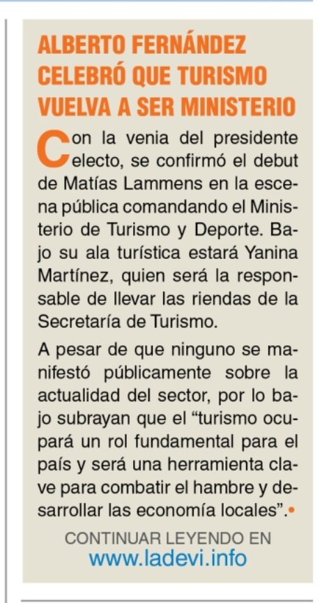 Con la venia de <a href="/alferdez/">Alberto Fernández</a>, se confirmó el debut de <a href="/MatiasLammens/">Matías Lammens</a> en la escena pública comandando el Ministerio de Turismo y Deporte. Bajo su ala turística estará <a href="/NinaMartinez_/">Nina Martinez</a>, quien no sólo llevará las riendas de #Turismo, sino que tb será la 1er mujer al frente del organismo.