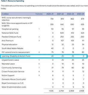 This is a table from page 4 of the Conservative Party Manifesto.

It shows their spending pledges. It shows that the Learning Disability and Autism Fund will get 24 million pound in 2020/21. Then 25 million pounds in per financial year between 2021 and 2023. From the 2023/24 financial year it will get no funding at all.

In comparison, Voter ID costs will rise from 0 in 2020, to 14 million pounds in 2023/24.