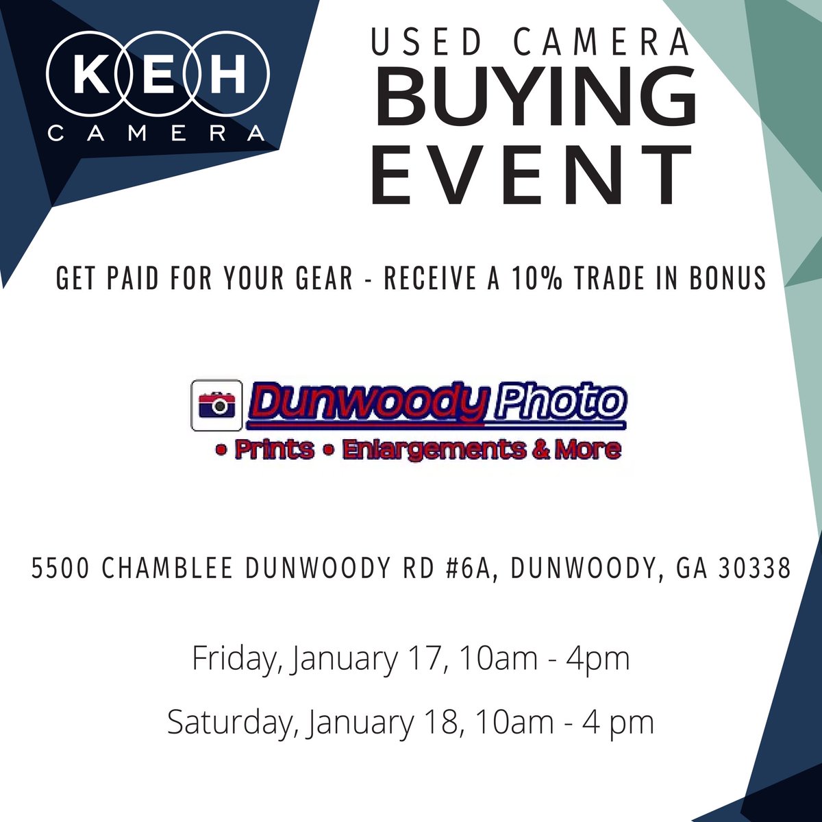 DunwoodyPhoto's tweet photo. Last chance to get some extra cash for the holidays! Stop by today to see @KEHcamera between 10AM and 4PM to trade in your old photography equipment for cash! See you there! https://t.co/JUZXSNEqrS