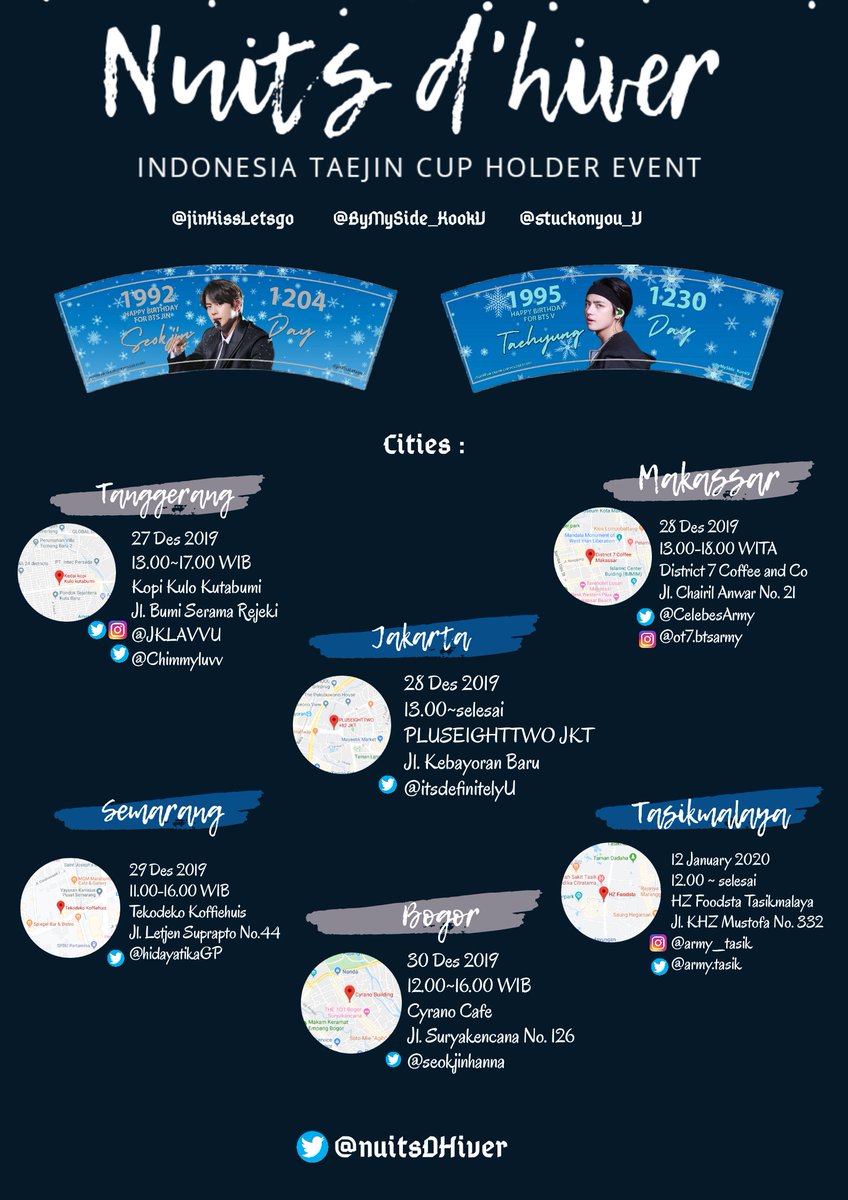 sweettime912's tweet photo. ❄️Nuits d'hiver❄️
INDONESIA TAEJIN CUP HOLDER EVENT

Celebrating @BTS_twt JIN &amp; V BIRTHDAY in 12 Cities

The Biggest Event in INDONESIA 🇲🇨

Kindly go to each city organizer for further information

Supported by our angels @jinKissLetsgo @ByMySide_KookV @stuckonyou_v https://t.co/mUBlAbIMkw