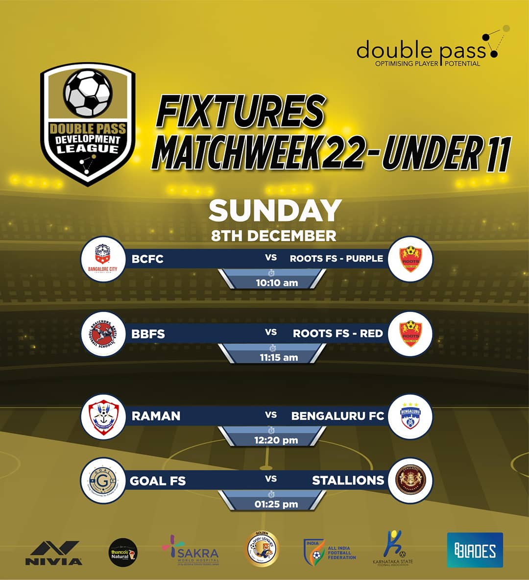 DPDL_official's tweet photo. We have a treat in store for you tomorrow with some scrumptious games lined up. Here are all the fixtures.
#goldenbabyleague #playerdevelopment #kheloIndia #localcompetition https://t.co/SYE1nU9dE6