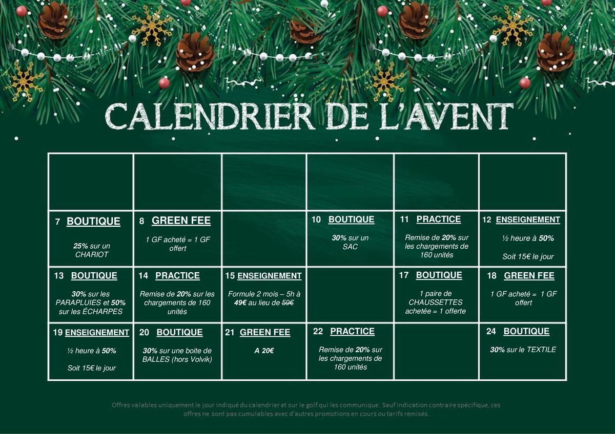golfdesforges's tweet photo. Qui dit mois de décembre, dit calendrier de l'avent! Voici celui des Forges avec une offre différente chaque jour! Profitez-en! https://t.co/lKfE20kPRZ