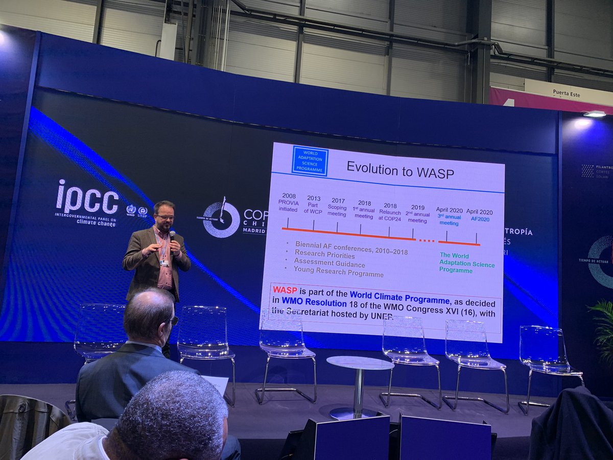 AProfJNalau's tweet photo. Happening now #COP25: @rjtklein at #IPCC #WMO pavillion explaining how the World Adaptation Science Program came to be, and its linkages and new work plan. @IPCC_CH #climateadaptation @WaspClimate #adaptationlimits @AdaptFutures #AR6 #COP25Madrid #climate @AdaptXChange https://t.co/58AZhS9yg8