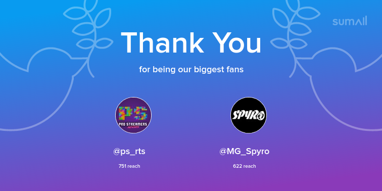 MGJayys's tweet photo. Our biggest fans this week: ps_rts, MG_Spyro. Thank you! via https://t.co/tb2YvzKQyx https://t.co/aYnUcokWAB