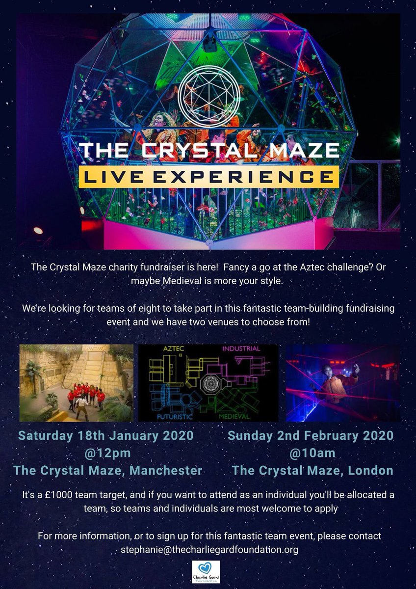 OurMaxwell14's tweet photo. The Crystal Maze Live Experience 2nd February 10am. If your interested then please email Stephanie@thecharliegardfoundation.org to secure your place x https://t.co/w9QZbR6Dus