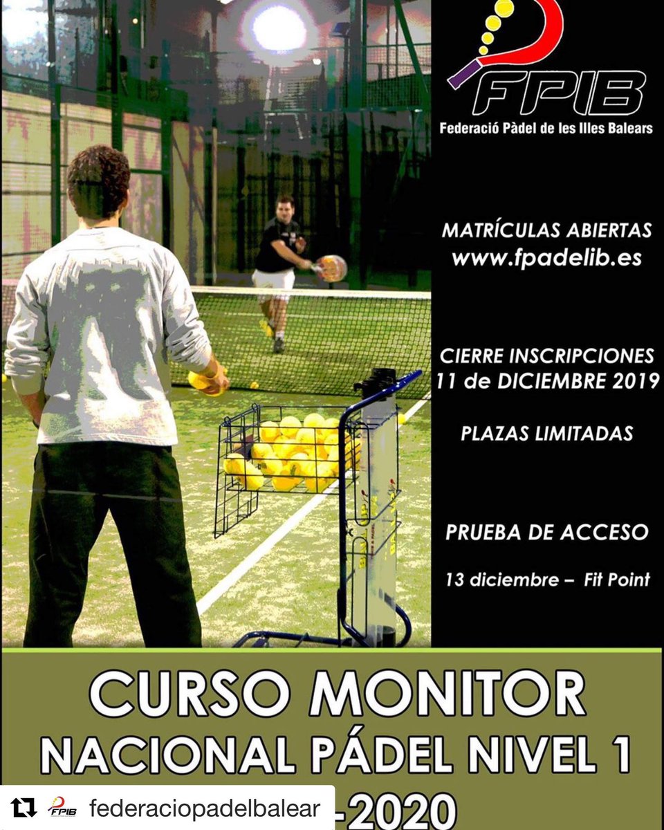 Últimos días para apuntarse.  Curso monitor nivel 1, validez nacional y oficial. <a href="/FPadelIB/">Federació Pàdel IB</a> <a href="/a2sportspadel/">A2sports Padel</a> 
#padel #mallorca #a2sportspadel #formacion #capacitacion #curso #formate #cursopadel #reciclaje