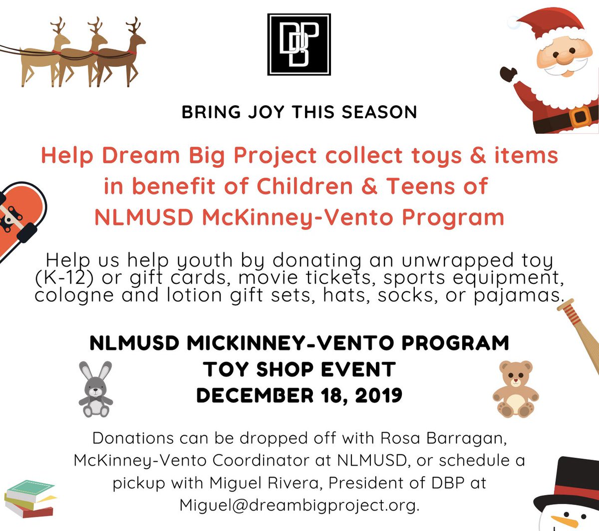 TeamDBP2014's tweet photo. Help #TeamDBP bring joy this season to children and teens of the NLMUSD McKinney-Vento Program!
We are currently accepting unwrapped toys or items such as gift cards, movie tickets, gift sets, or any gifts that will benefit student across K-12. https://t.co/TGNkrjei51