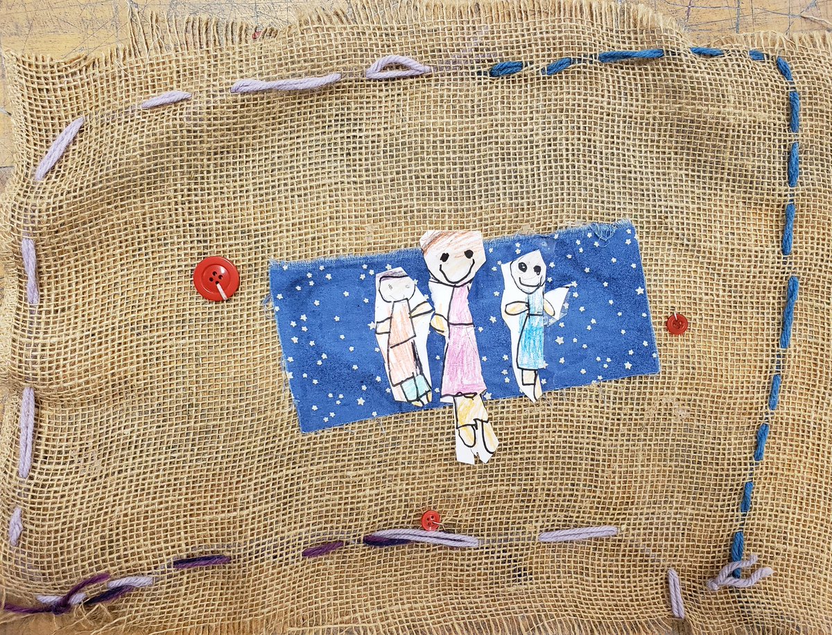 Kindergarten Family Portrait Collages are ready just in time to be holiday gifts! Drawing figures with geometric shapes, cutting, picking out warm or cool colored pieces of cloth, sewing a running stitch border, and sewing on buttons for "feel" texture. #NewHeights