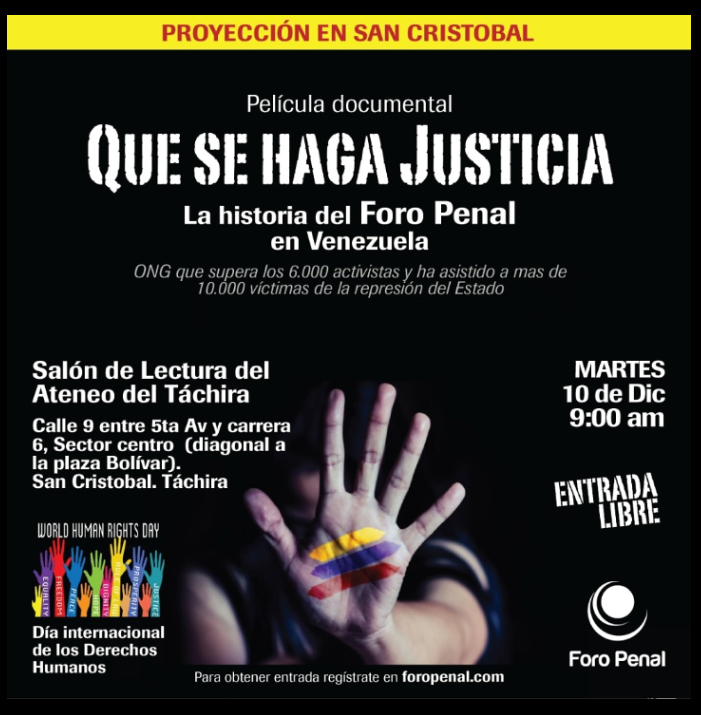 icatachira's tweet photo. Reciban una cordial invitación para el Cine Foro "QUE SE HAGA JUSTICIA" La historia de FORO PENAL, que se realizará el Martes 10/12/2019 a las 9:00, en el Salón de Lectura Ateneo del Táchira. Puedes participar inscribiéndote a través del siguiente enlace: https://t.co/4IkgxP3BZv https://t.co/ycMhmh0L4A