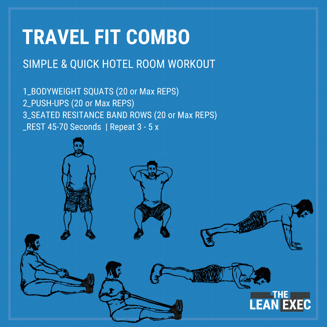 TheLeanExec's tweet photo. Travel Fit Combo - Simple &amp; Quick Hotel Room Workout - Bodyweight Squats | Push-ups | Seated Resistance Band Rows  #fitness #training #health #theleanexec https://t.co/WyfYsCxa6v