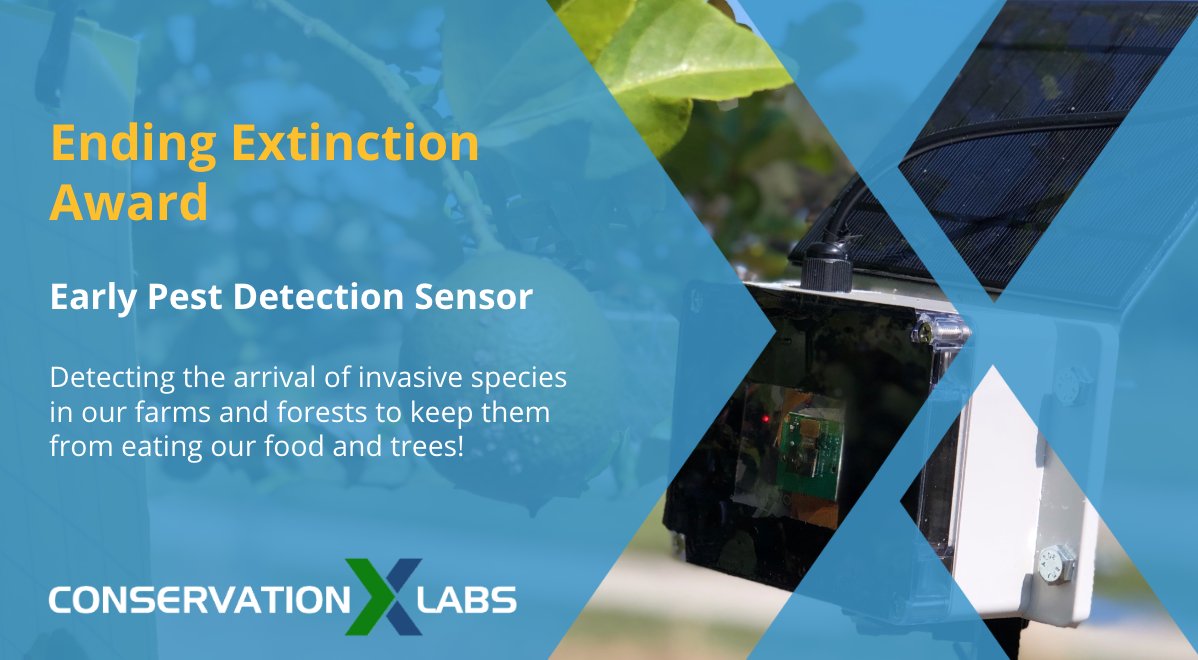 conservationx's tweet photo. 🏅Announcing the winner of the #ConXTechPrize #EndingExtinction Award: Early Pest Detection Sensor
The team was awarded $5,000 for their sensor which can help monitor #invasives like the #FallArmyworm and #SpottedLanternfly.
Learn about the project:
https://t.co/lRFlL4Q140 https://t.co/Egvgi6SqUI