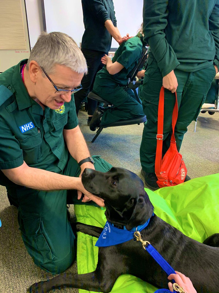 Ldn_Ambulance's tweet photo. Working in the emergency services can sometimes be a stressful job, so today we welcomed volunteer therapy dogs, Skye and Diesel, into our 999 control rooms.

The dogs help boost the wellbeing of our hardworking staff - and just look at the smiles on everyone's faces. https://t.co/A6plXnh4Cr