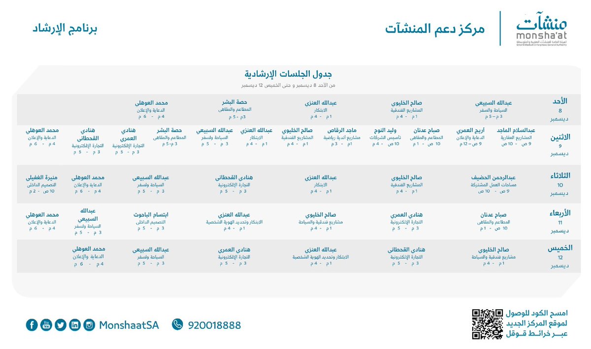 مجموعة من الجلسات الإرشادية تنتظرك في الأسبوع الثاني من ديسمبر في #مركز_دعم_المنشآت بواجهة الرياض. 
اختر جلستك واحصل على فرصتك!
للتسجيل:
ssc.mentors@monshaat.gov.sa