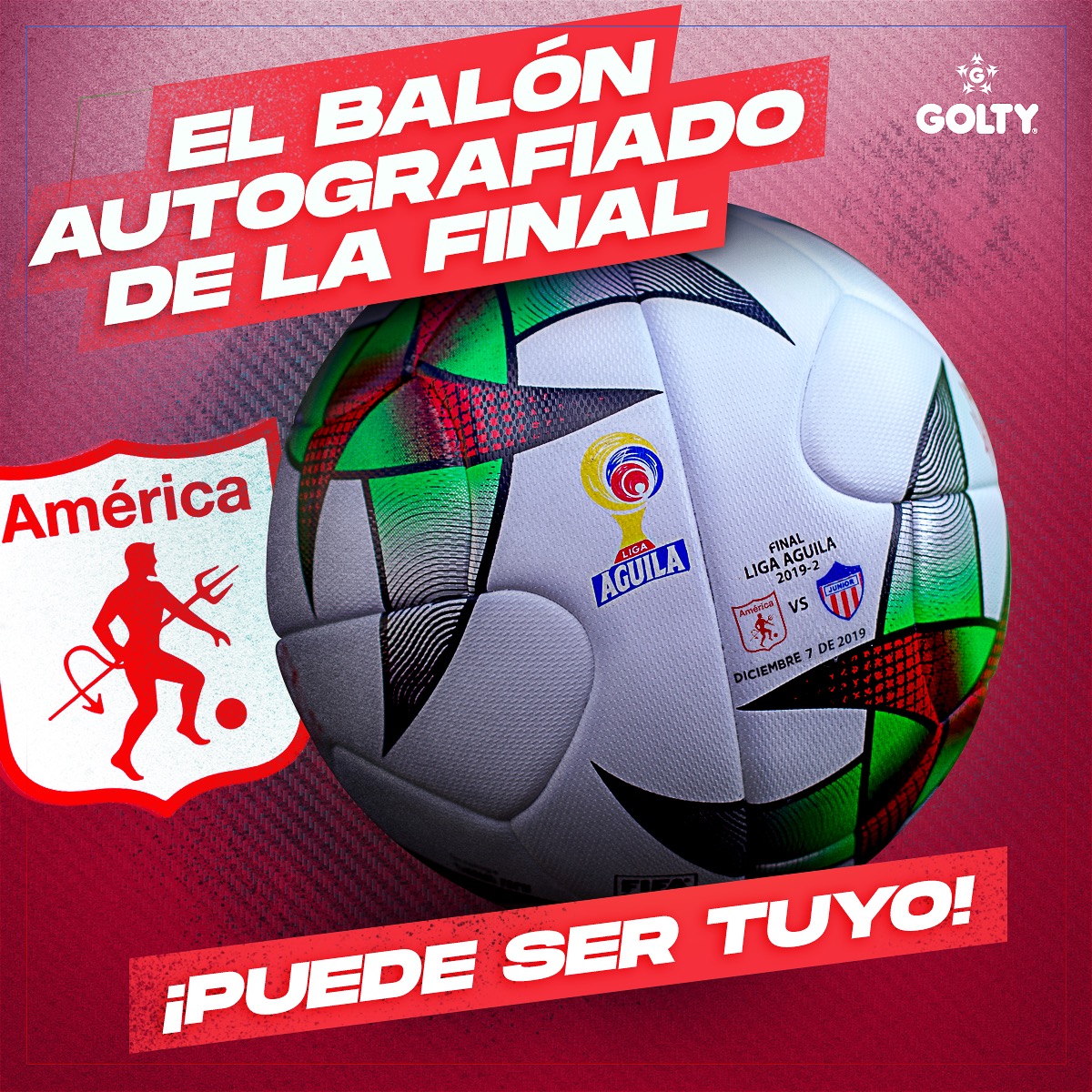 AmericadeCali's tweet photo. 🇦🇹 Hincha Escarlata, @GoltySports está sorteando en su cuenta de Twitter el balón Forza de la final, autografiado por los jugadores de nuestro equipo. ¡Síguelos y participa! ⚽

#EntraAlJuegoGolty
#SomosEscarlatas https://t.co/yncyKQH2Ox