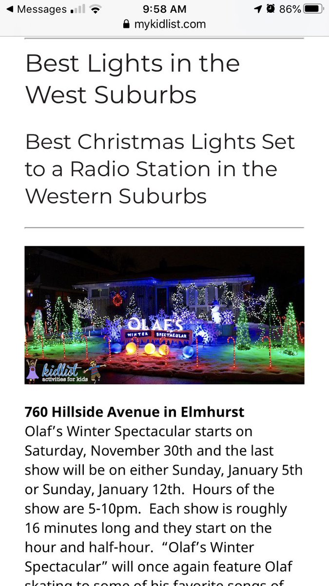 Made the Top of the Mykidlist.com for the Best Lights in the West Suburbs! Olaf is so excited and honored to lead the way for all the great light displays!!