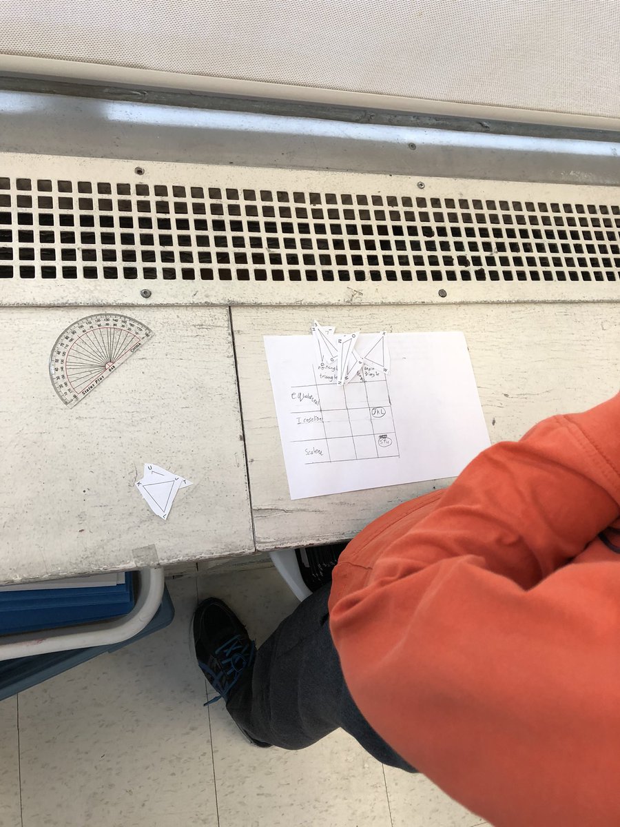 ClassHanks's tweet photo. Ss are working together to discover different ways to sort triangles. They used tools like rulers, protractors, miras and tracing paper to help identify various attributes. #explorationinmath @bayviewglenps1 https://t.co/6cYyUxLvJZ