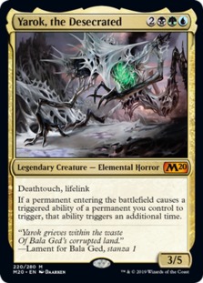 Yarok" means "Green" in Hebrew. I wonder if that was intentional, since it's a green elemental, but also blue and black? Or maybe it was initially green and then was "desecrated" with Yarok" means "Green" in Hebrew. I wonder if that was intentional, since it's a green elemental, but also blue and black? Or maybe it was initially green and then was "desecrated" with