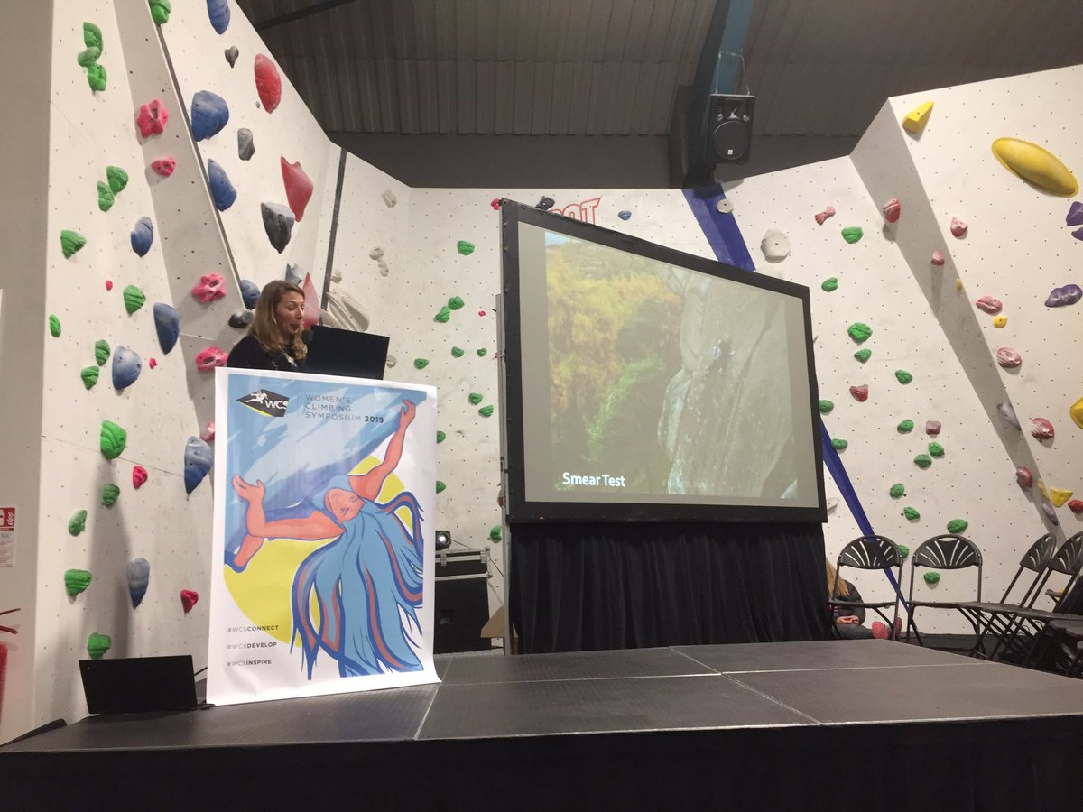 Smart_Climbing's tweet photo. Maddy Cope explaining how being focused in the present reduces risk in #climbing @womenclimbs #WCS19 https://t.co/6JcGyhwGhX