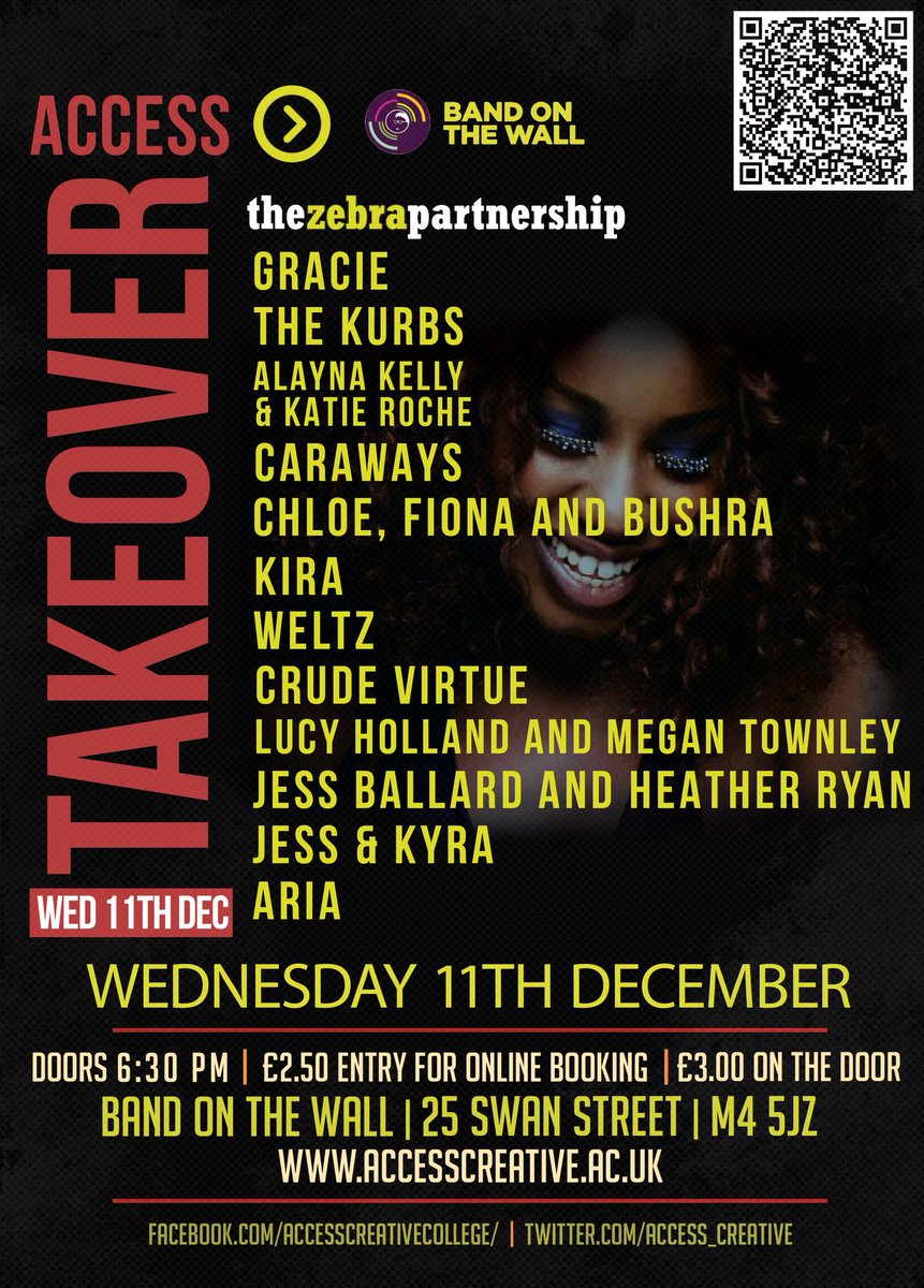 #RT #accesstakeover at the iconic @bandonthewall #Manchester come and see our fab students, the stars of the future. 
Doors open 6:30pm
Wednesday 11 December 2019
£2.50 in advance £3 on the door 
#Happyhour food & drink 5-7pm
#music #bands #vocalartists #DJ