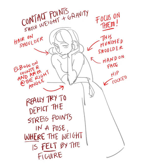 Im sure theres a legit figure term for this but I have a concept of contact points, these are either within the figure itself (hand on hip, legs crossed) or between figures (hand on face, arm on shoulders) what's the point of the pose? where are the stress points? &amp; focus on them 