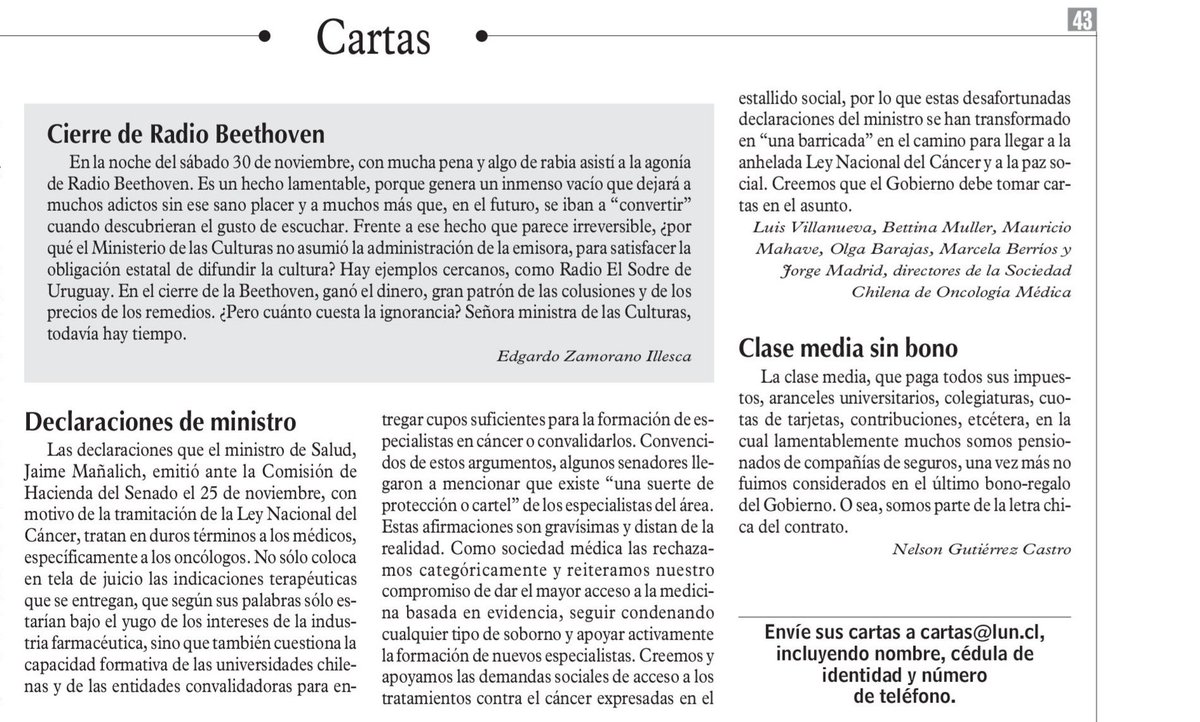 Carta al Director, publicada hoy en #LUN, elaborada por la Directiva de la Sociedad Chilena de #Oncología Médica (SCOM), a raíz de las declaraciones del ministro Mañalich ante la Comisión de Hacienda del Senado, el 25 de noviembre.
