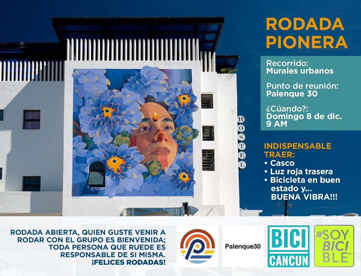 ProyPanorama's tweet photo. #RodadaPionera 
Domingo 8 de Diciembre
¡A andar en bici y ver los 
murales de la ciudad! 09:00hrs
@VivoEnCancun https://t.co/ny70fJBGkm