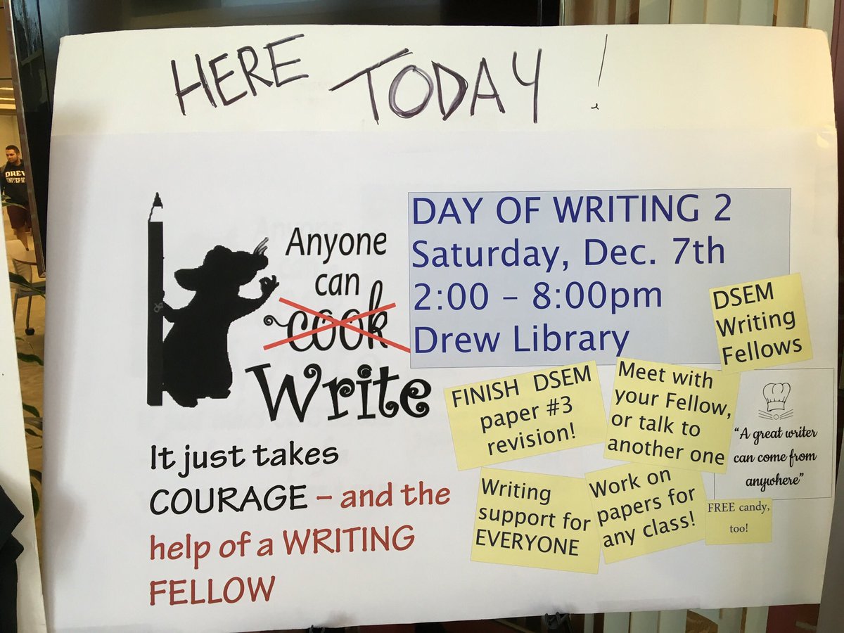 DrewU_WF's tweet photo. It’s the @DrewUniversity Winter 2019 Day of Writing! Thank you @DrewULibrary for hosting us again. Writing Fellows, candies, stress toys, a visit from the Drew Bear — and lots of writing! https://t.co/4Znm3J7tYq