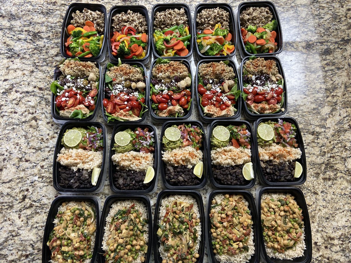Today’s meal prep. top to bottom Asian stir fry with brown rice &amp; lentils; Mediterranean Bowl with quinoa, olives, tomatoes &amp; hummus; Mexican bowl with black beans, brown rice, homemade guacamole &amp; pica de gallo; Mediterranean stir fry with chickpeas, sun dried tomatoes &amp; spinach