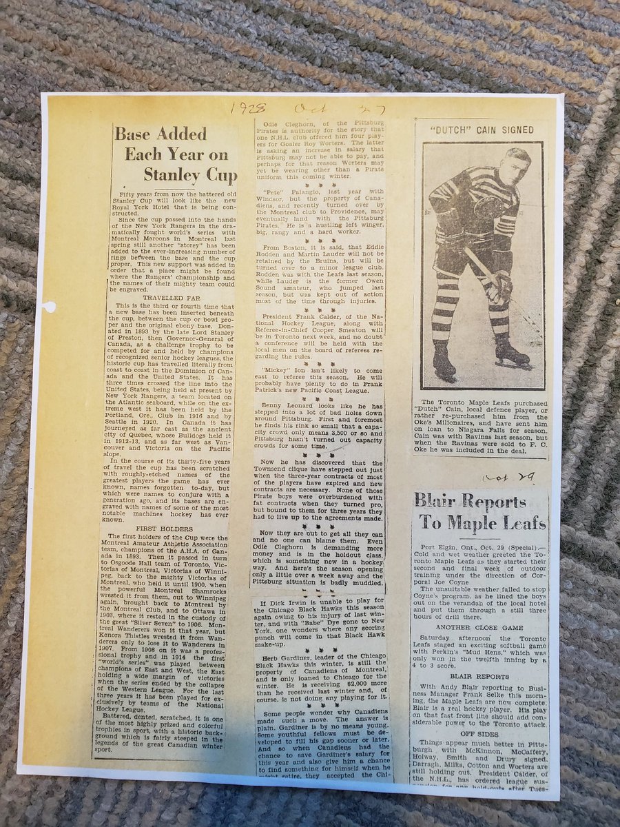 keeperofthecup's tweet photo. Two great old articles (late 20's and late 40's) explaining how the #stanleycup will evolve over time.  Read all about at the #DocSeaman @HockeyHallFame archives @NHL https://t.co/rNCIfTCWln