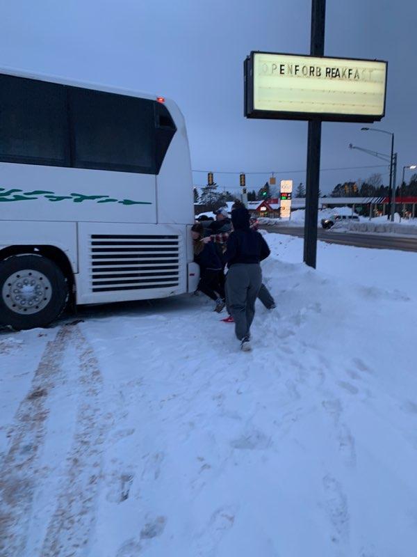 CLCraidersWBB's tweet photo. Bus stuck, no worries we have the lady Raidere to push it out. Also, best @SUBWAY here in Ironwood with the assist getting food and unstuck. https://t.co/az6LXxI6O2