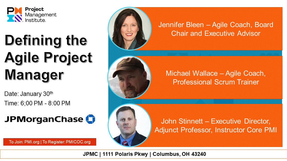 PMICOC's tweet photo. ๐ซNEW๐ฅ Join us at โฆJPMorgan Chase for a panel discussion: โDefining the Agile Project Managerโ ๐ค๐ค๐ค
January 30th 2020
#PMI #PMICOC โฆ@jenbleenโฉ https://t.co/J6qrb6OwZL