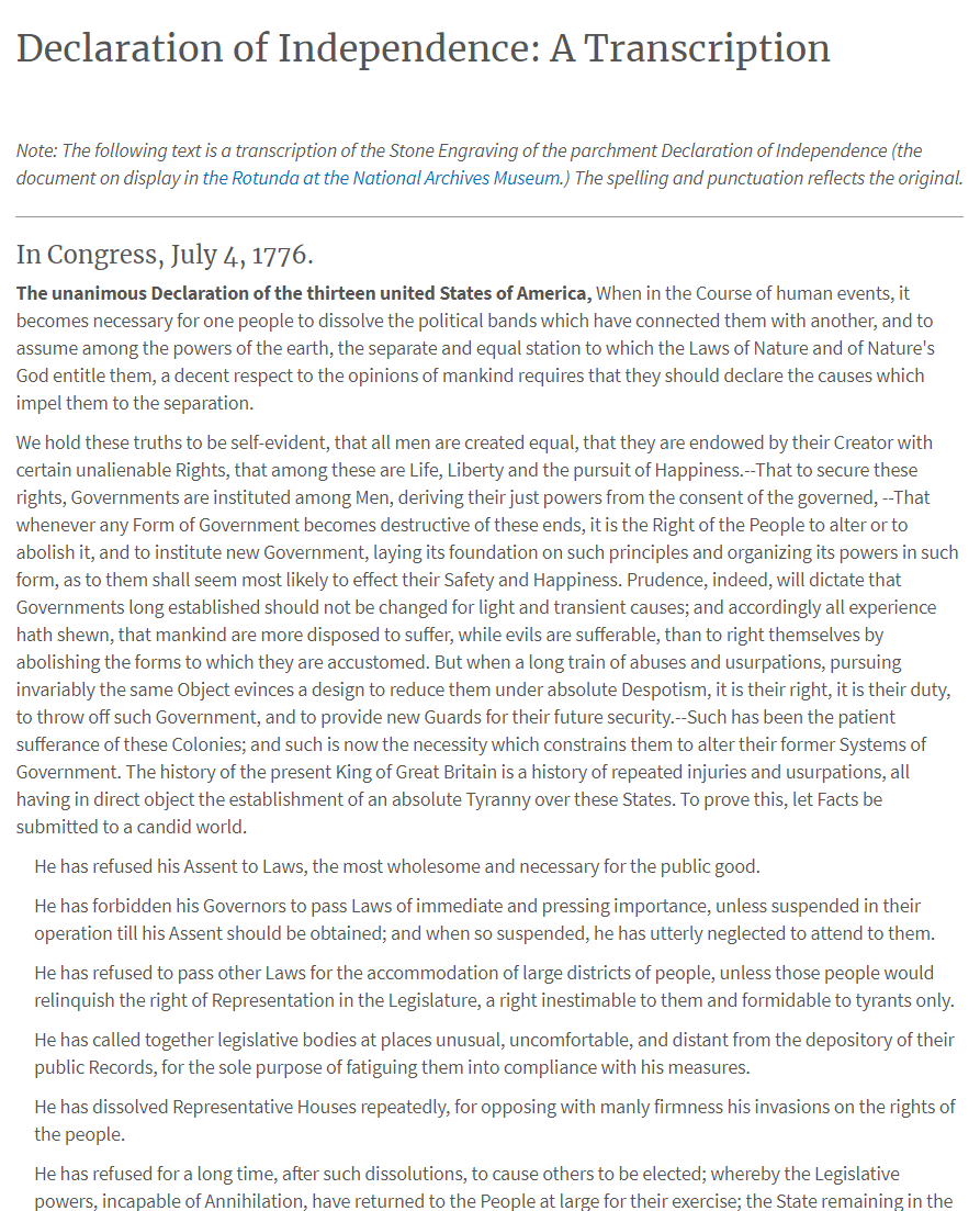 39) Q's link points to a website with information about the declaration of independence.  https://www.archives.gov/founding-docs/declaration-transcript