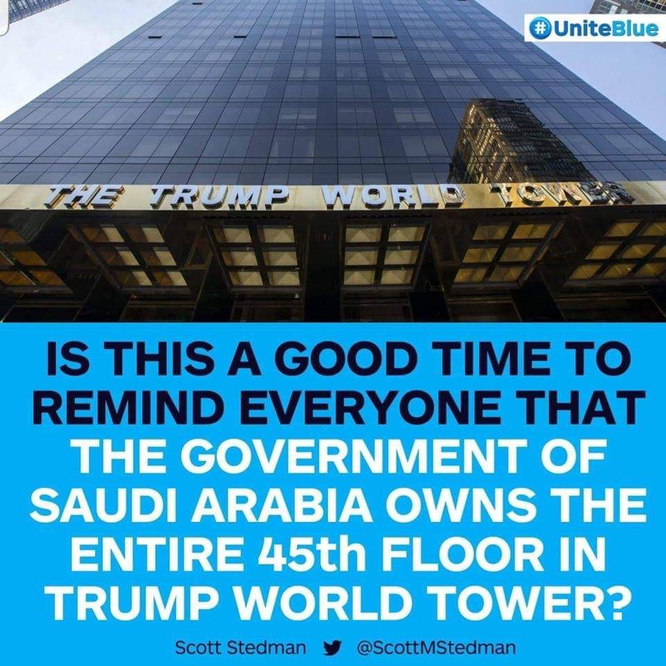 marie5483's tweet photo. @ComicDaveSmith Speaking of greed, privilege & corruption!!
Saudi Arabia gave us the 9/11 terrorists, the slaughter of an American journalist & the murder of Navy sailors but are given a pass because of this!! #TrumpCrimeFamily
#SaudiFirst #SaudiTerrorism https://t.co/JAu7m0f7mv