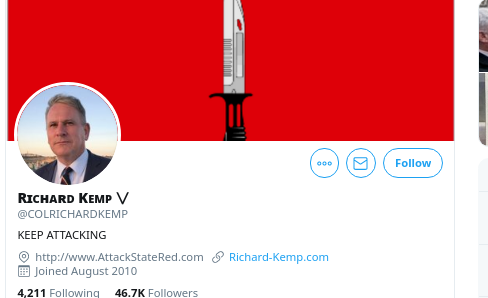 <a href="/COLRICHARDKEMP/">Rɪᴄʜᴀʀᴅ Kᴇᴍᴘ ⋁</a> 10 / who could have guessed that the guy with a big fucking knife on a red background and a bio that just says in all caps "KEEP ATTACKING" might not have great opinions tho...