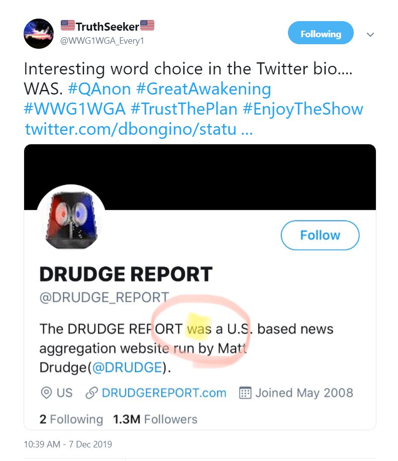 49) Apparently, Drudge is also controlled opposition. https://twitter.com/WWG1WGA_Every1/status/1203368497750913024