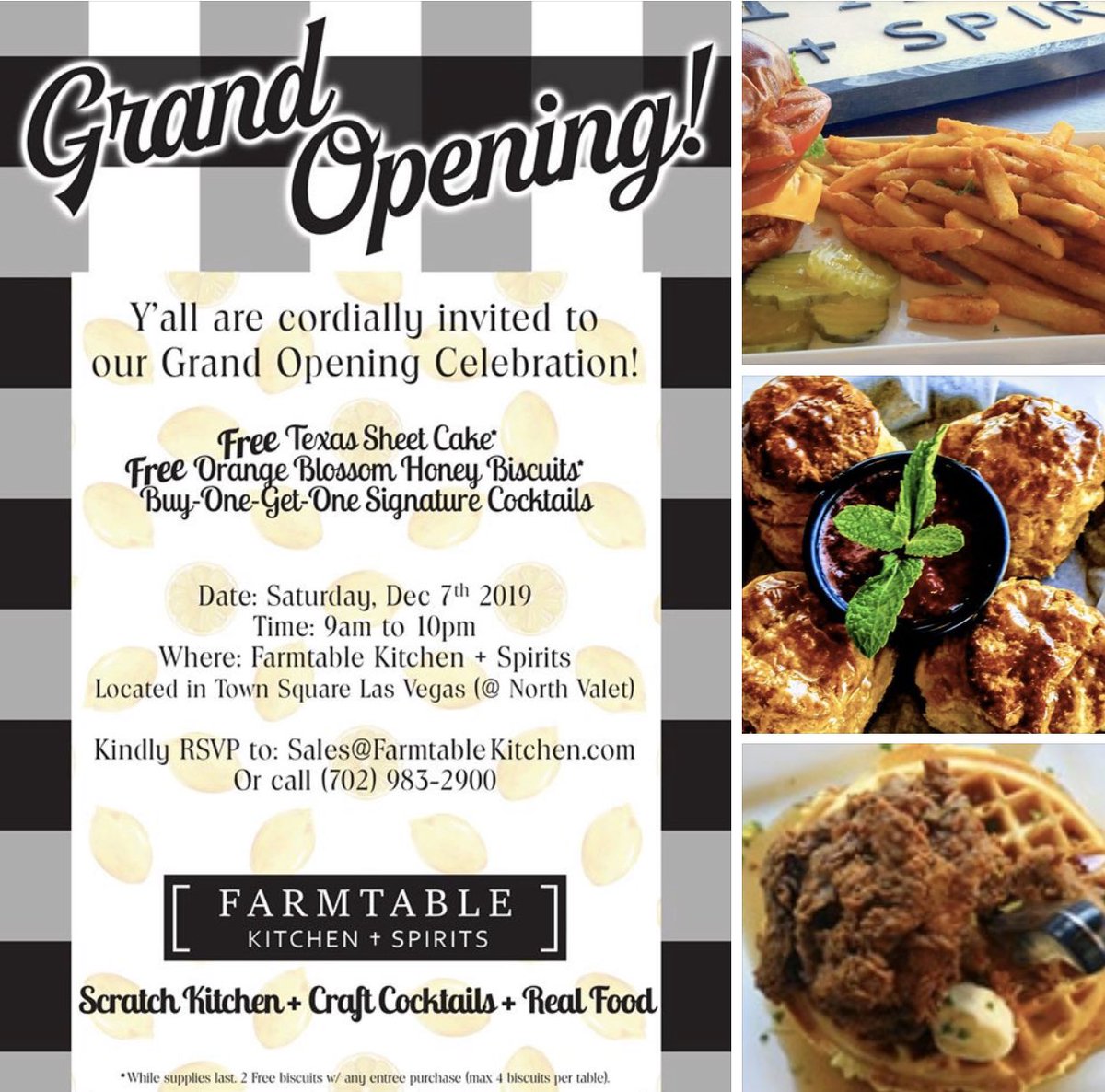 jenpbradley's tweet photo. Grand opening today of #FarmtableKitchen+Spirits At @ShopTownSquare! #Ribboncutting at 3:30pm. Join us for the all-day celebration with #free cake, biscuits (w/entree) &amp; buy 1; get 1 #cocktails! Breakfast, lunch &amp; supper! #comfortfood #vegas #dining https://t.co/sjr36syMmv