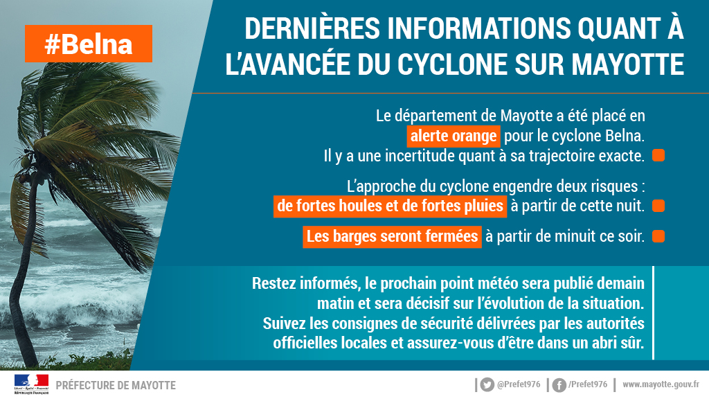 🔶🌀 #AlerteOrange cyclone #Belna à #Mayotte :
des fortes #houles & #pluies accompagnées d'#orages sont attendues cette nuit.
📻Restez informés de l'évolution de la situation.
Ne prenez pas de risque inutile et assurez-vous d'être préparés.

➕ d'info 👉mayotte.gouv.fr/Actualites/Com…
⬇️