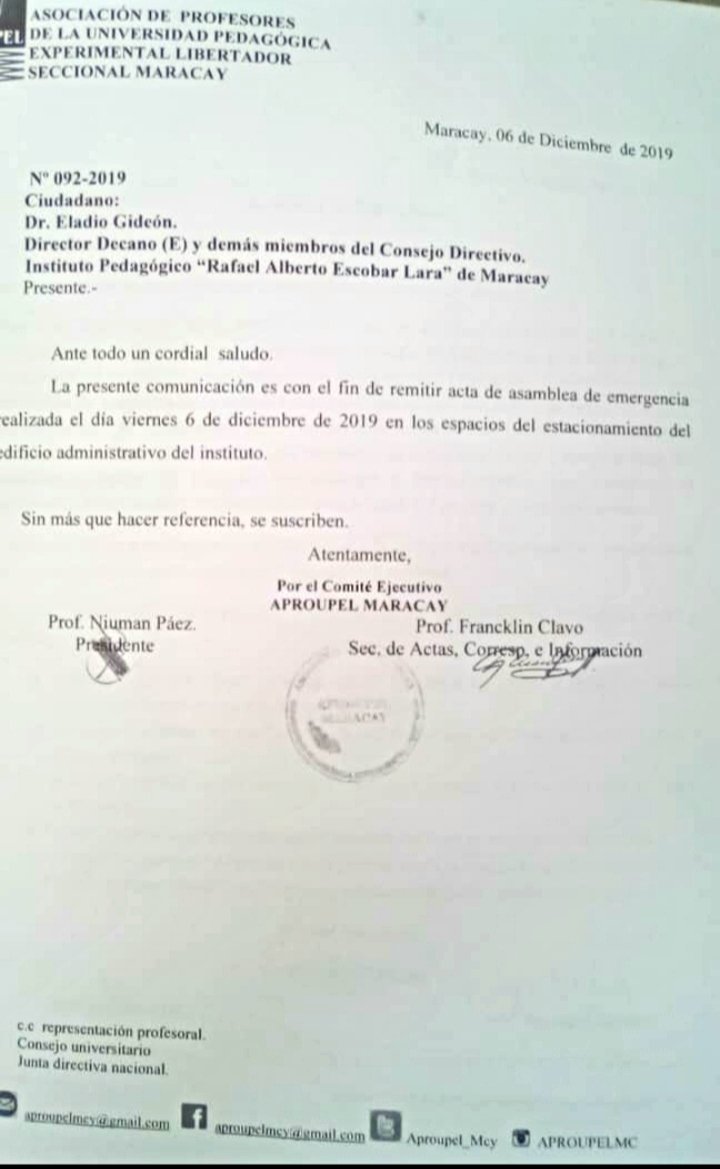 nickaromero's tweet photo. Resolución de la Asamblea de Profesores ante las arbitrariedades que se comenten en la #UPELMARACAY @Aproupel_Mcy @FAPUV https://t.co/t8yjdu2XMv