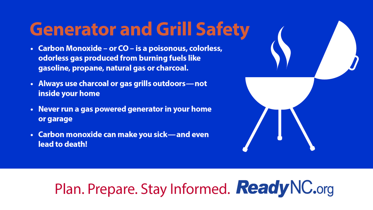 NCEmergency's tweet photo. Practice safe generator and grill use during winter and when the power goes out. NEVER use gas or charcoal grills indoors. It could be deadly. 

Review all our winter weather safety tips at https://t.co/Zj0Fo7FFL7. 

 #winterwx #ncwx #safetytip #WinterWeatherPrepWeek https://t.co/kTah0pBV0z