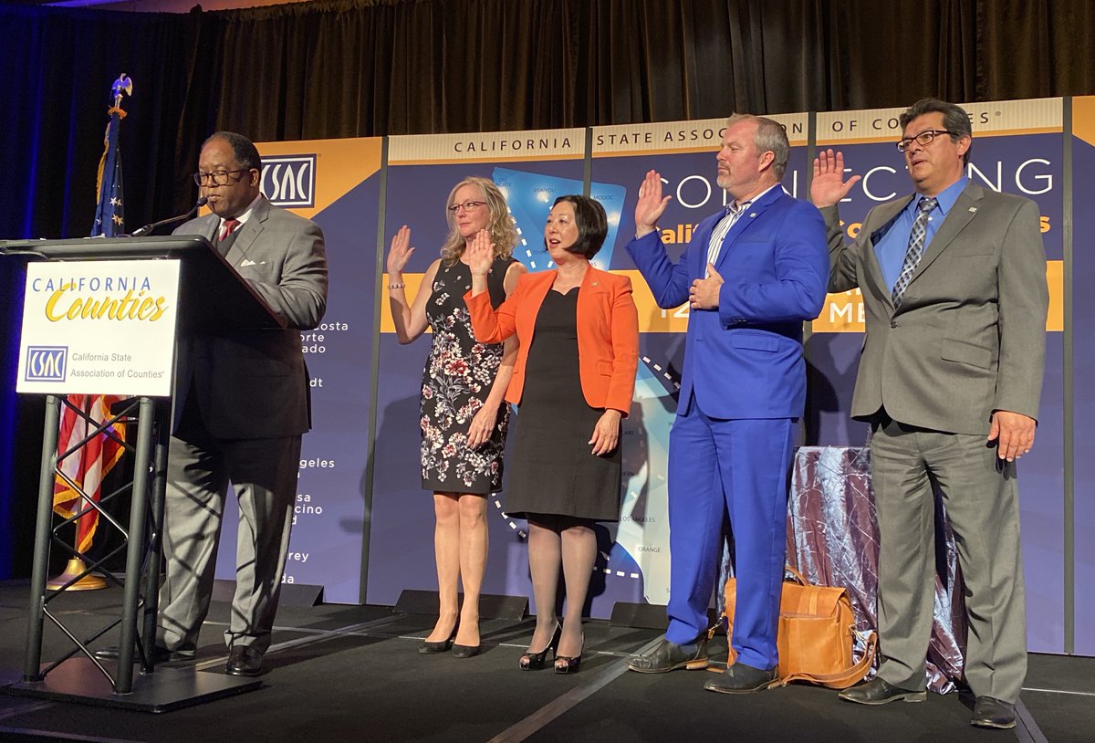CSAC_Counties's tweet photo. ICYMI: @CountyofLA Supervisor @mridleythomas swore in #CSAC's new officers Thursday at our 2019 Annual Mtg. L-R: Immed Past Pres @BassVirginia, @HumCoGov; President @OCSupBartlett, @OCGovCA; 1st VP @jamesgoreiv, @CountyofSonoma; & 2nd VP Ed Valenzuela, #SiskiyouCounty. #CSACAM19 https://t.co/3hebI0eZ4l