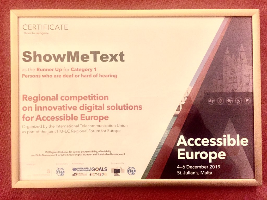softlabuc3m's tweet photo. Gran reconocimiento de @itu Nuestra tecnología de subtitulado automático en la nube #showmetext nominada como una de las mejores soluciones para personas sordas en #europa https://t.co/6oRNAn0ZAl