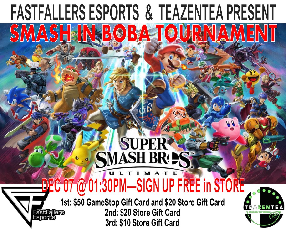 TeaZenTea1's tweet photo. Come join us today Dec 07 at 01:30PM at our Brentwood location for our spectacular Super Smash Bros tournament! There will be fun and prizes for Smash players. #teazentea #peaceinboba #republicofboba https://t.co/zhJE08fDoR