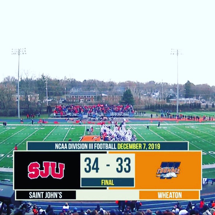 SJUAlumni's tweet photo. SEE YOU IN THE SEMIS! No. 8 SJUFootball advances to the NCAADIII Semifinals w/34-33 win over No. 3 Wheaton...SJU takes on No. 7 UW-Whitewater next Saturday, Dec. 14...location &amp; time TBD #d3fb #gojohnnies https://t.co/preBWHK2E3