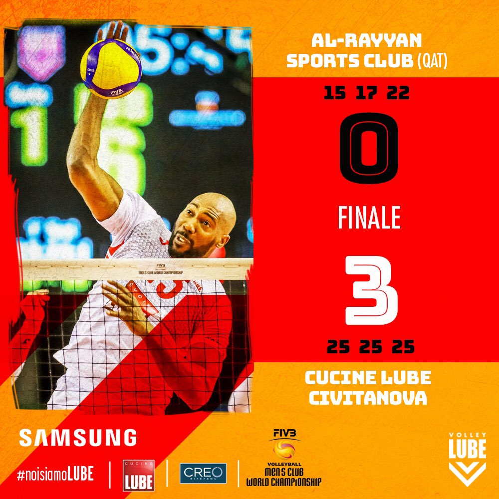 VolleyLube's tweet photo. 🚨 🌎 Siamo in Finale del #mondialeperclub per il terzo anno di fila!Domani la sfida al Sada Cruzeiro per il titolo iridato!✅
.
#noisiamolube #incredOUble #nessundorma #campioniditalia #campionideuropa #lubevolley #civitanovamarche #volleyball #mondialeperclub #fivbmenscwc https://t.co/6fLF92IlYd
