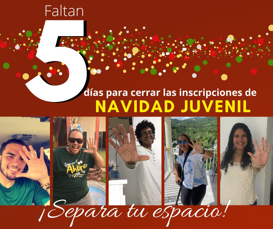 pjdponce's tweet photo. ¿Sabes cuántos días faltan para cerrar las inscripciones de #NJDPonce? 🧐¿Qué esperas?😲😲😲 ¡Separa tu espacio! 😎🎄🥳
Inscríbete: https://t.co/s1mTyG4sNC
#CaminemosJuntos #ArdeLaEstrella #DiócesisdePonce https://t.co/myMJZqYops