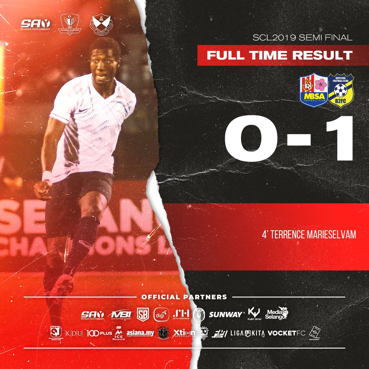 FASelangorMY's tweet photo. #SCL2019 Semi Finals!
FT: MBSA FC 0-1 @batuduafc
K. Selangor Batu Dua FC advance to the finals of Selangor Champions League 2019!
M. Terrence is voted MOTM once again!
#MBSAvsB2FC
#LigaUntukJuara
#EarnedNotGiven
#FootballSelangor
#RoadToShahAlamStadium https://t.co/otrIcbfxIN