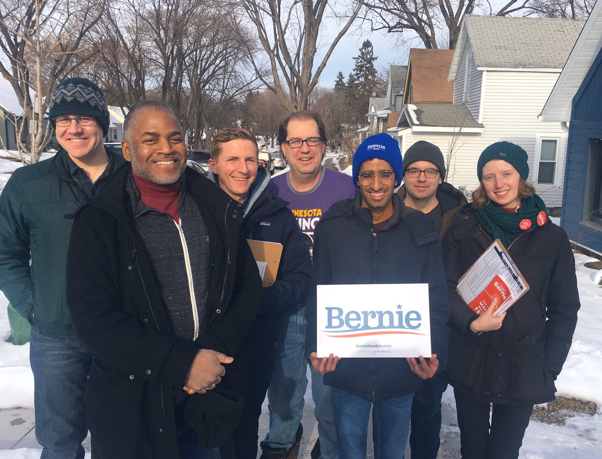 <a href="/TwinCitiesDSA/">Twin Cities DSA 🌹</a> braving the cold to knock doors for <a href="/BernieSanders/">Bernie Sanders</a>!

People in Minnesota are excited and voting early to #CancelMedicalDebt + fight for single-payer #MedicareForAll. 🌹

#DSAforBernie
