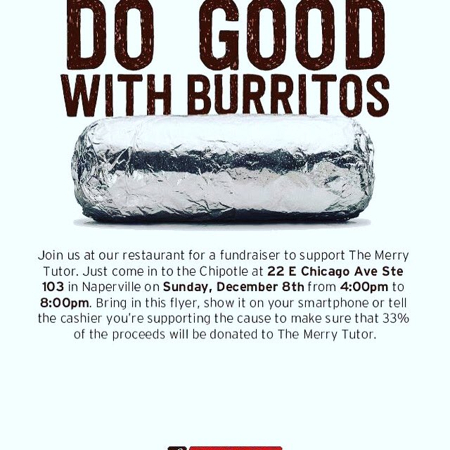 themerrytutor's tweet photo. Do you like eating burritos? Do you like The Merry Tutor? If either of those answers are yes, then please come to Chipotle this Sunday from 4-8pm and mention The Merry Tutor! If you answered no to both, then you should really try a burrito sometime... maybe this Sunday? https://t.co/3v8uFDu0nG
