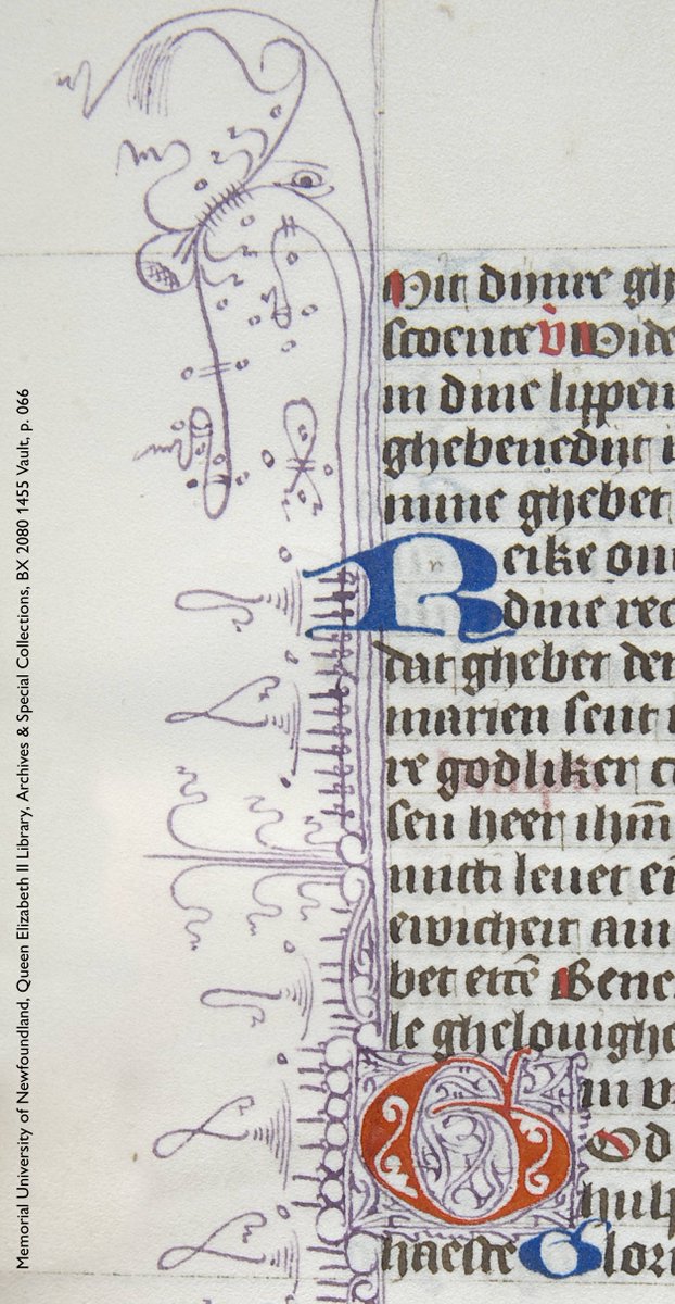 NyarlathoSteph's tweet image. No gold? No prob! No-holds-barred minimalist/maximalist decoration in a Dutch Book of Hours. Produced #Haarlem, c.1455–1465; now safely ensconced @MUNQEII, in #Newfoundland’s @MemorialU. (Bonus: Note the wee guide letter in the blue /R/ 🥰 #squee)
#CdnMdvManuscripts #Manuscripts